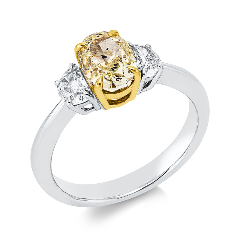 Ring 18 kt WG+GG, GIA 2156699490, 1 Oval 1,52 ct, gelb-i1, 2 Halbmond 0,51 ct, TW-si
