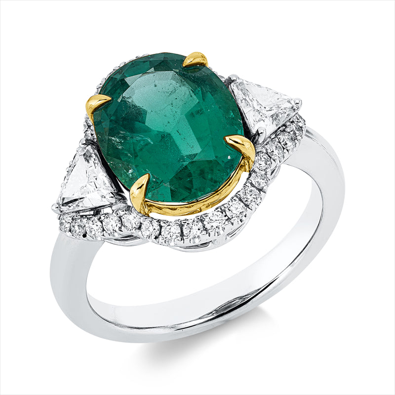 Ring 18 kt WG+GG, 2 Tri.Sond. 0,39 ct, TW-si, 32 Brill. 0,30 ct, TW-si/pi, 1 Sm 3,41 ct grün