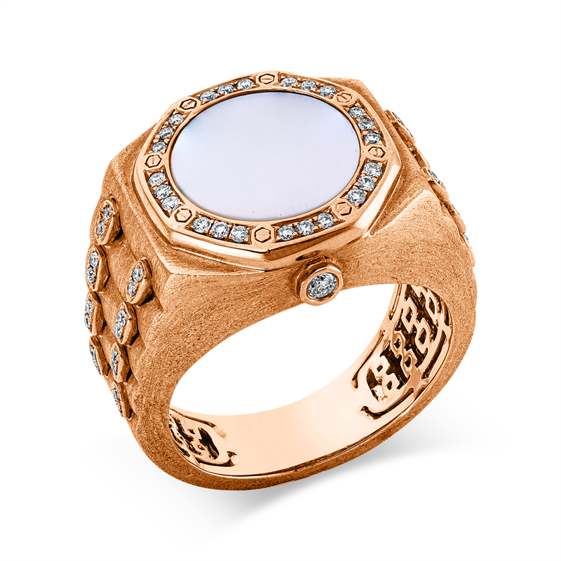 Ring 18 kt RG, mattiert, 1 Brill. 0,02 ct, TW-si, 56 Brill. 0,21 ct, TW-si, 1 Perlmutt 1,70 ct weiß