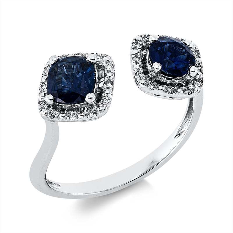 Ring 18 kt WG, 24 Brill. 0,06 ct, TW-pi, 1 Saphir 0,55 ct blau, 1 Saphir 0,47 ct blau