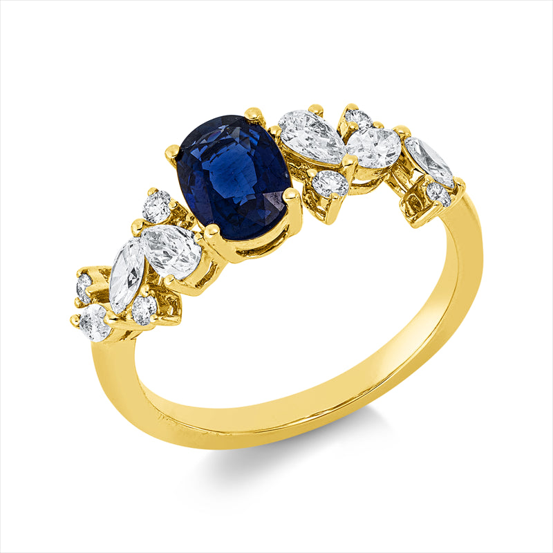 Ring 18 kt GG, 4 Nav. 0,24 ct, 2 Tropfen 0,20 ct, TW-vsi, 6 Brill. 0,09 ct, TW-si, 1 Saphir 1,01 ct blau