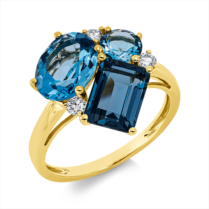 Ring 18 kt GG,3 Brill. 0,15ct, TW-si,1 Topas 2,00ct Lond. blue,1 Topas 2,40ct blau,1 Topas 0,60ct blau