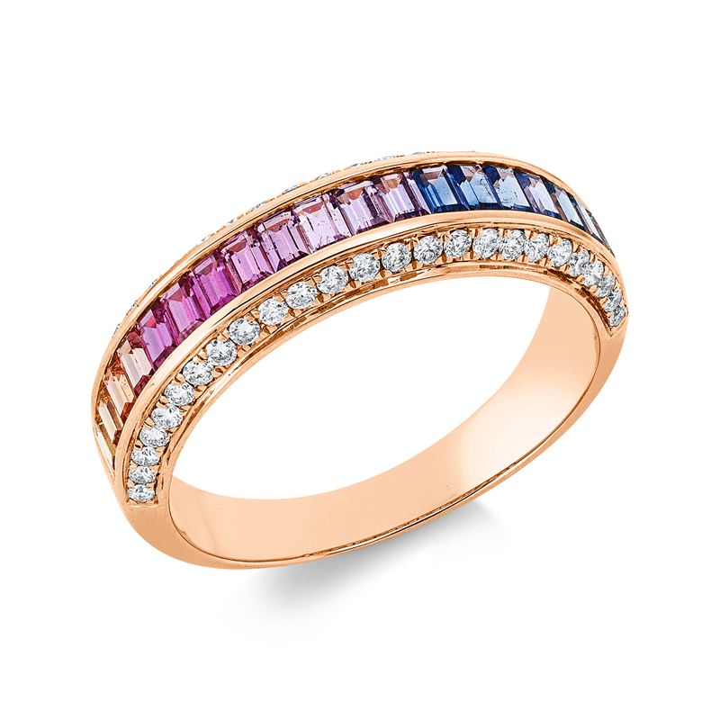 Ring 18 kt RG, 50 Brill. 0,30 ct, TW-si, 20 Saphire 0,85 ct multicolor