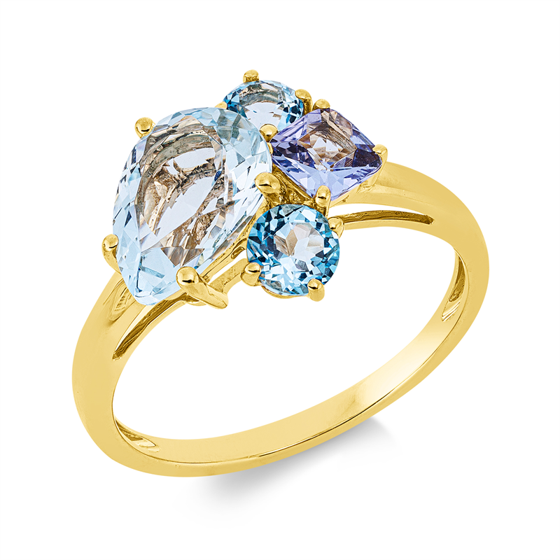Ring 18 kt GG, 1 Tansanit 0,40 ct blau, 1 Aquamarin 1,70 ct blau, 2 Topase 0,50 ct blau