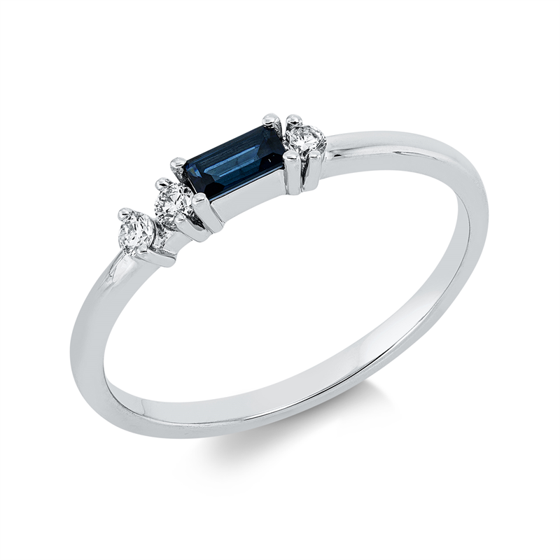 Ring 18 kt WG, 3 Brill. 0,09 ct, W-si, 1 Saphir 0,18 ct blau