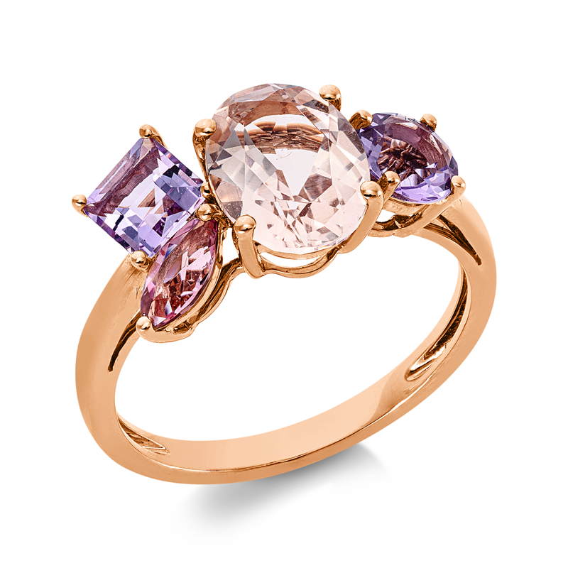 Ring 18 kt RG, 1 Turmalin 0,30 ct pink, 1 Amethyst 0,60 ct pink, 1 Amethyst 0,50 ct pink, 1 Morganit 1,90 ct