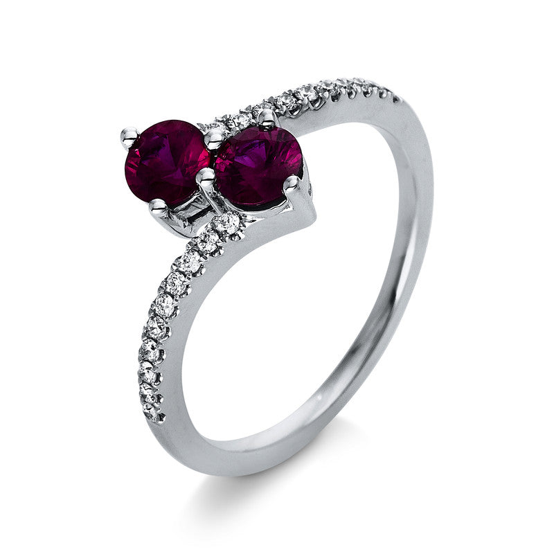 Ring 18 kt WG, 20 Brill. 0,12 ct, TW-vsi, 2 Rubine 0,98 ct rot