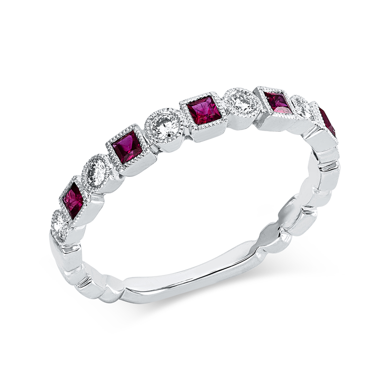 Ring 18 kt WG, 6 Brill. 0,14 ct, TW-si, 5 Rubine 0,21 ct rot