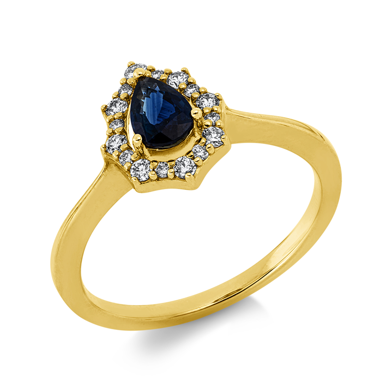 Ring 14 kt GG, 16 Brill. 0,15 ct, W-si/pi, 1 Saphir 0,42 ct blau