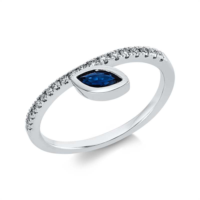Ring 14 kt WG, 19 Brill. 0,16 ct, W-si/pi, 1 Saphir 0,25 ct blau