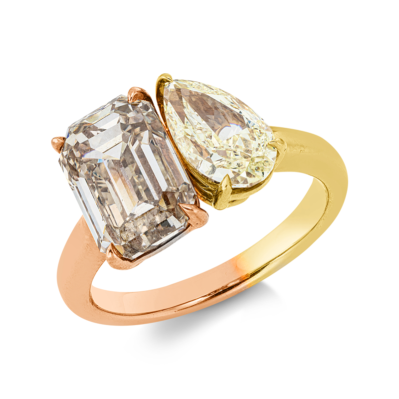 Ring 18 kt RG+GG, GIA6223241477, 1 Sm.schliff 4,04 ct, braun-si, 1 Tropfen 1,50 ct, gelb-vvs2