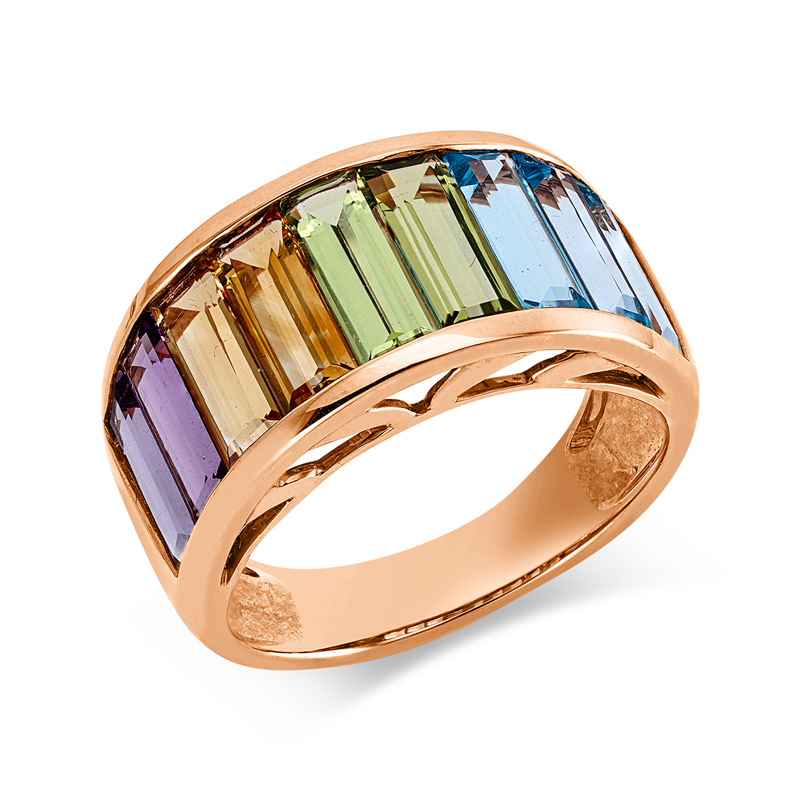 Ring 18 kt RG, 2 Peridot 1,00 ct grün, 2 Citrin 0,90 ct gelb, 2 Amethyste 0,90 ct lila, 3 Topase 2,00 ct blau