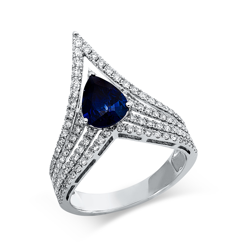 Ring 18 kt WG, 103 Brill. 0,59 ct, TW-si, 1 Saphir 1,42 ct blau