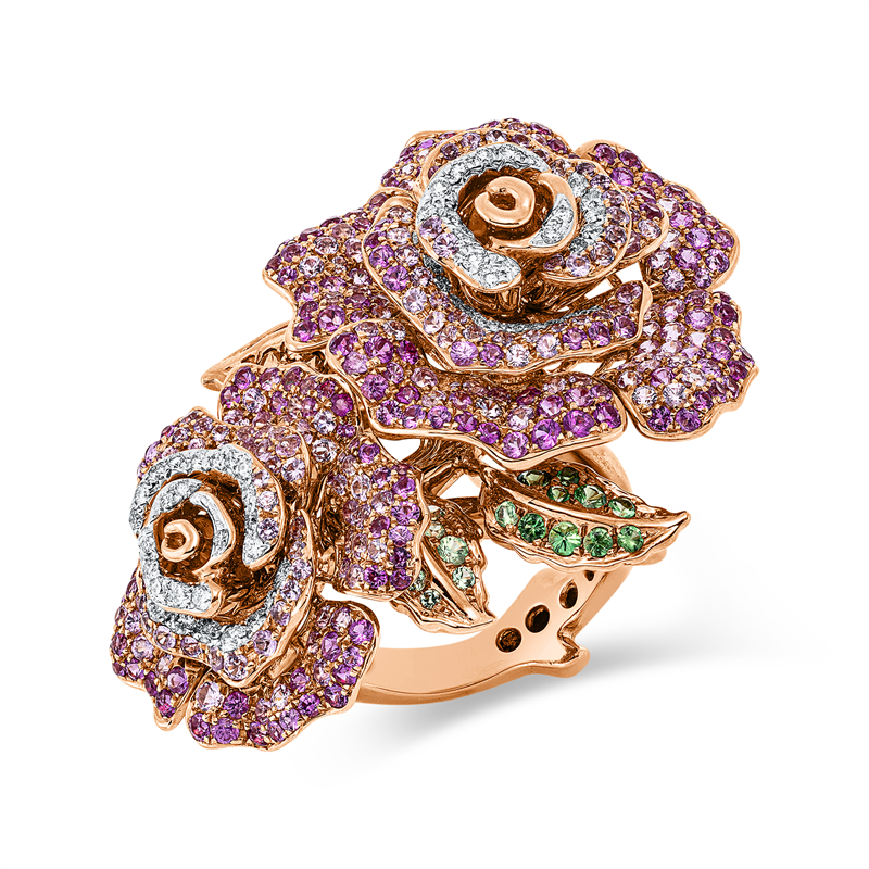 Ring 18 kt RG+WG, 60 Brill. 0,39 ct, TW-vsi, 199 Sap 2,10 ct rosa, 30 Tsa 0,41 ct grün, 161 Sap 1,88 ct pink
