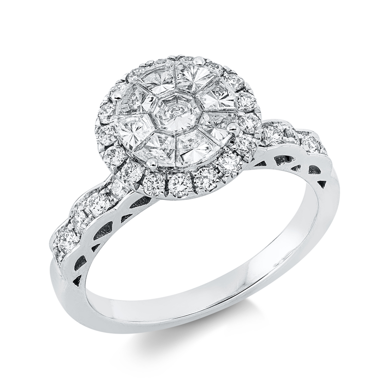 Ring 18 kt WG, 9 Fant-Schl. 0,59 ct, F-vsi, 29 Brill. 0,45 ct, TW-si