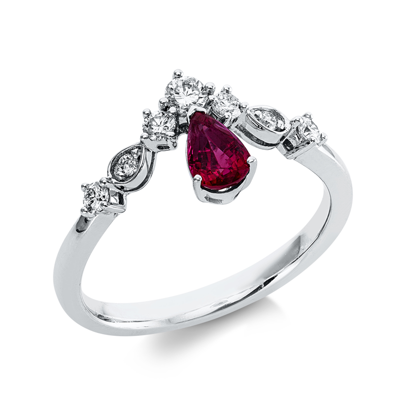 Ring 18 kt WG, 1 Brill. 0,08 ct, W-pi, 6 Brill. 0,16 ct, W-pi, 1 Rubin 0,53 ct rot