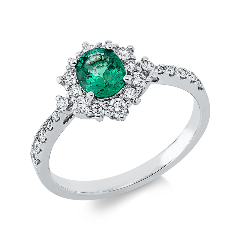 Ring 18 kt WG, 24 Brill. 0,41 ct, TW-si, 1 Smaragd 0,52 ct grün