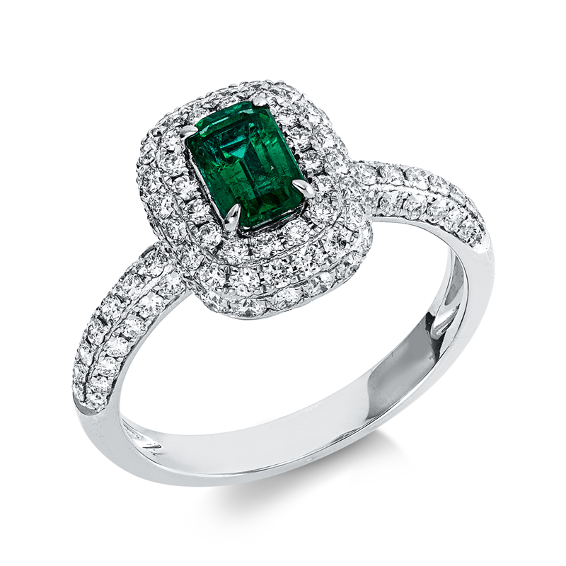 Ring 18 kt WG, 98 Brill. 0,88 ct, TW-si, 1 Smaragd 0,59 ct grün