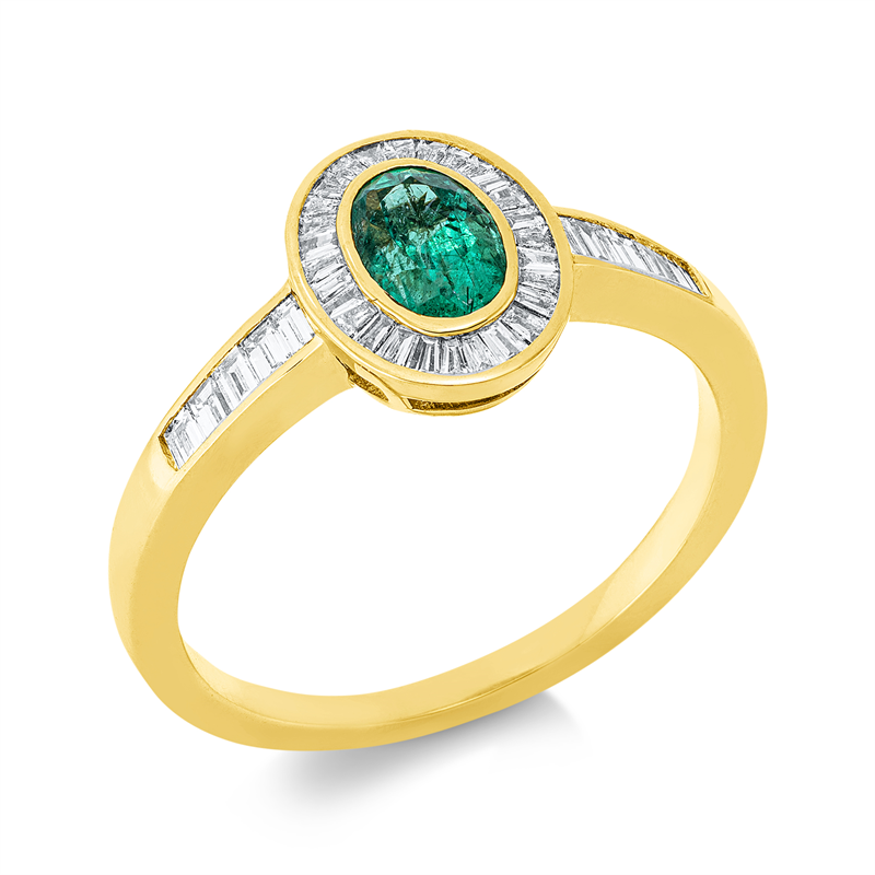 Ring 18 kt GG, 28 Trap. 0,13 ct, TW-si, 10 Bag. 0,15 ct, TW-si, 1 Smaragd 0,52 ct grün