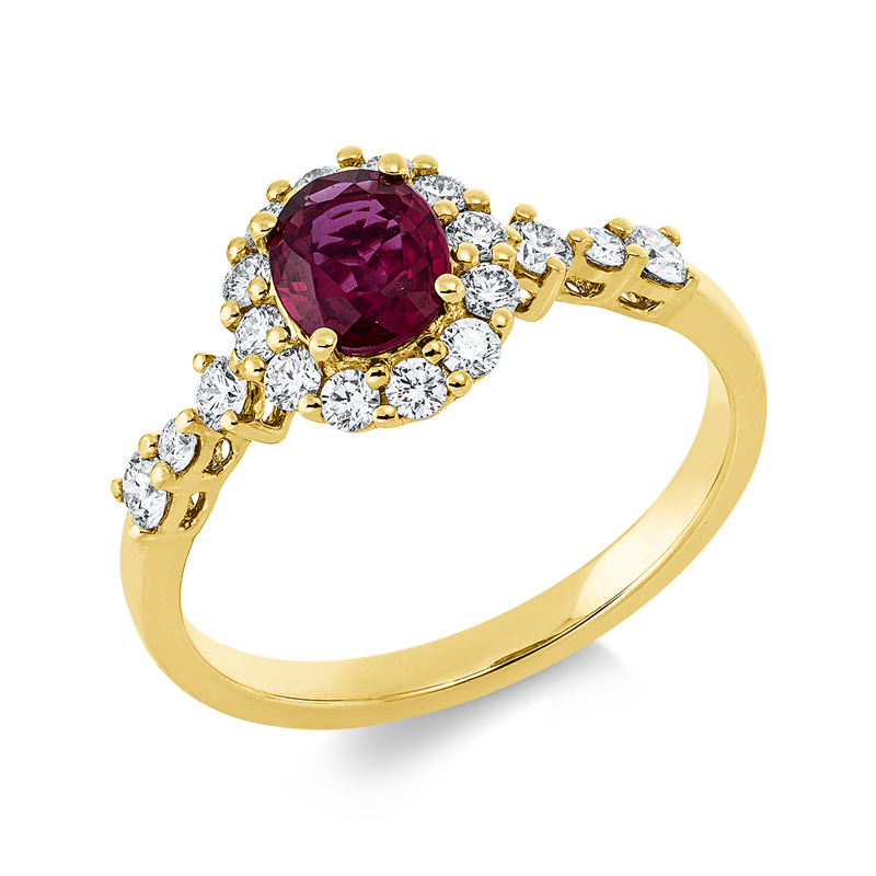 Ring 18 kt GG, 18 Brill. 0,42 ct, TW-si, 1 Rubin 0,66 ct rot