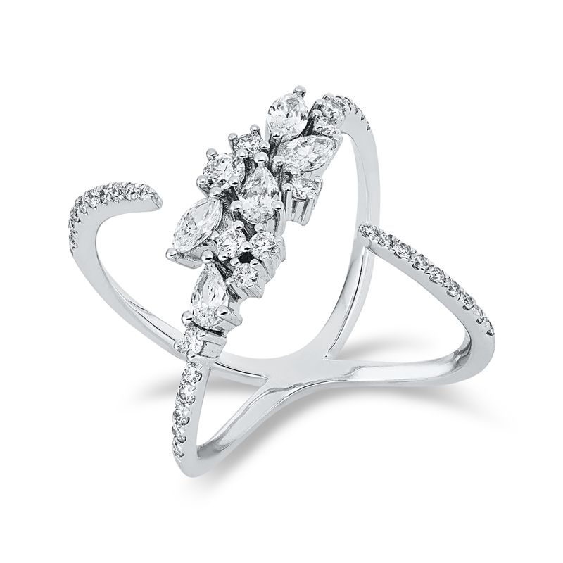 Ring 18 kt WG, 2 Tropfen 0,18 ct, TW-vsi, 3 Nav. 0,29 ct, TW-vsi, 37 Brill. 0,43 ct, TW-si