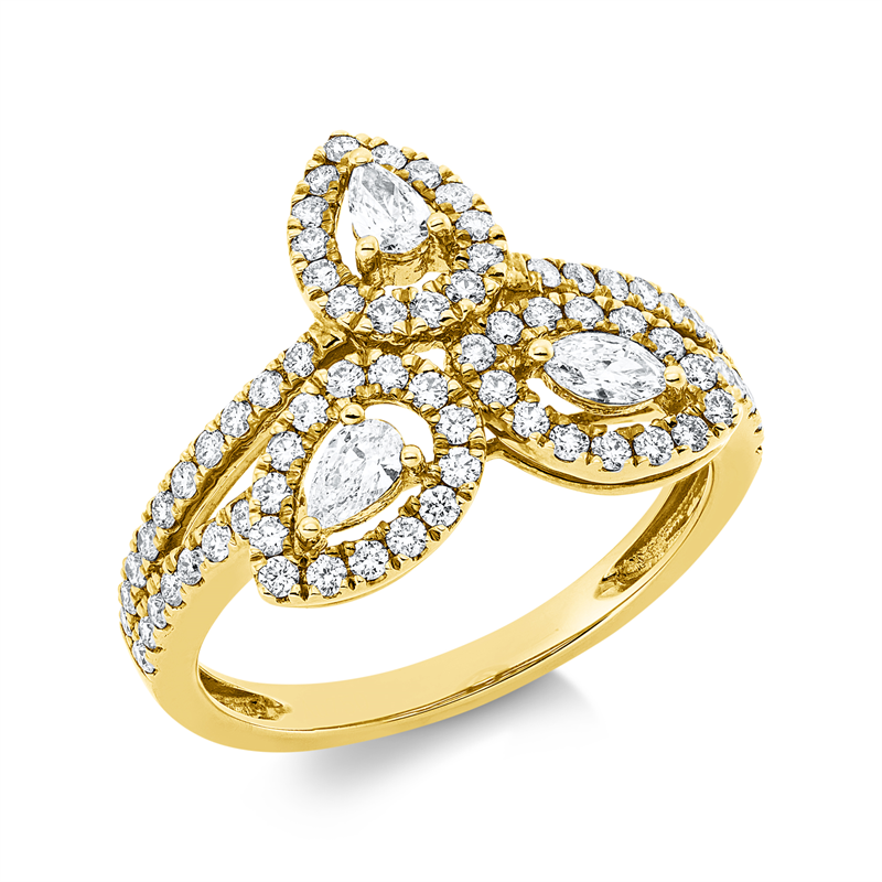 Ring 18 kt GG, 2 Tropfen 0,15 ct, TW-vsi, 1 Nav. 0,08 ct, TW-vsi, 76 Brill. 0,56 ct, TW-si