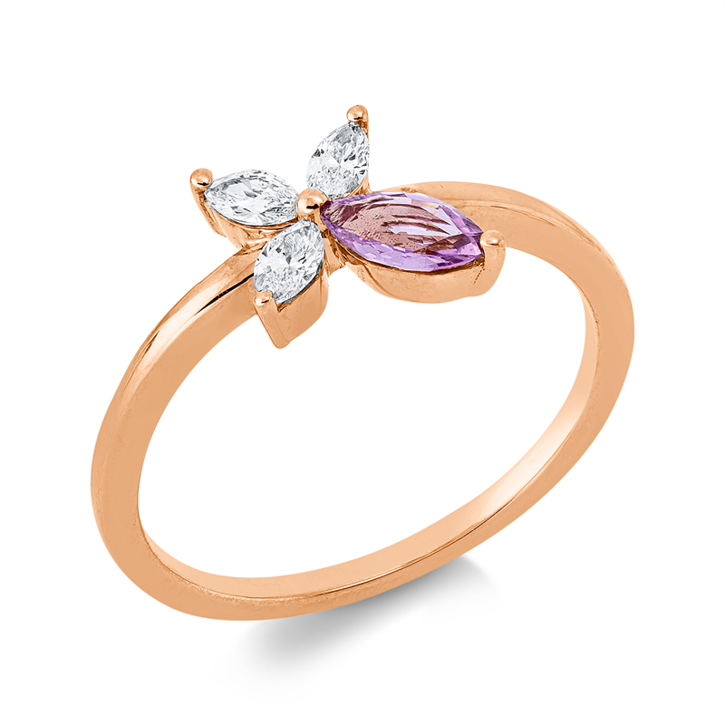 Ring 18 kt RG, 3 Nav. 0,18 ct, TW-vsi, 1 Saphir 0,25 ct pink