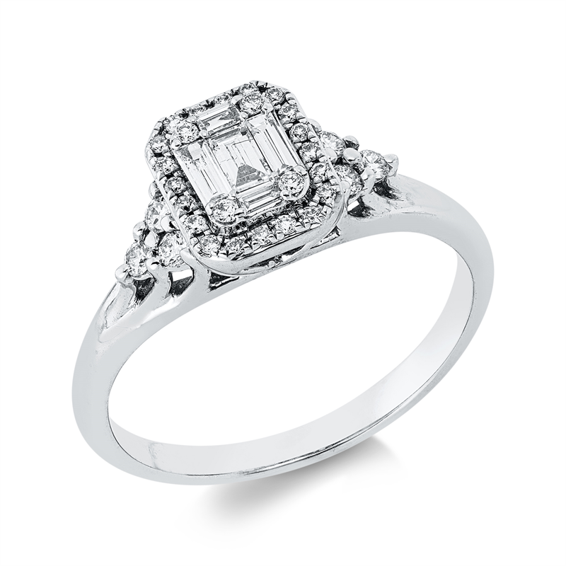 Ring 18 kt WG, 3 Bag. 0,12 ct, TW-vsi/si, 30 Brill. 0,20 ct, TW-vsi/si, 2 Bag. 0,03 ct, TW-vsi/si