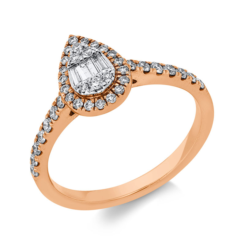 Ring 18 kt RG, 15 Brill. 0,21 ct, 1 Bag. 0,03 ct, TW-si, 2 Trap. 0,06 ct, TW-si, 24 Brill. 0,12 ct, TW-si