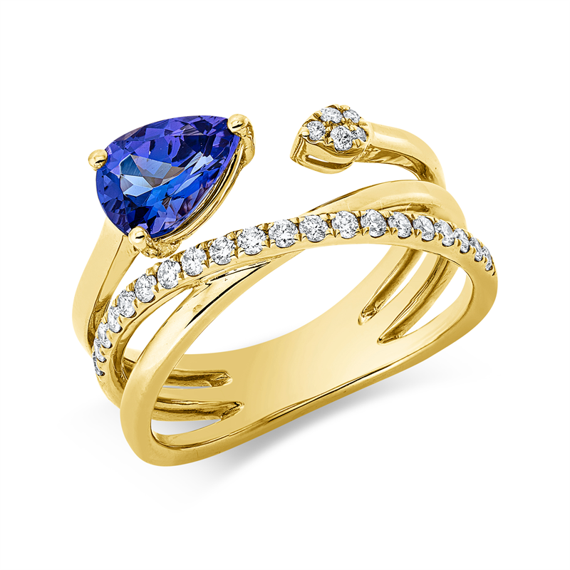 Ring 14 kt GG, 25 Brill. 0,26 ct, TW-si, 1 Tansanit 1,07 ct blau