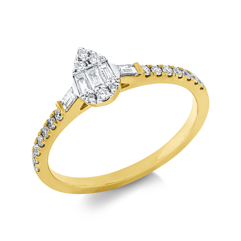 Ring 18 kt GG, Fassung rhodiniert, 3 Bag. 0,09 ct, TW-si, 2 Trap. 0,06 ct, TW-si, 20 Brill. 0,18 ct, TW-si