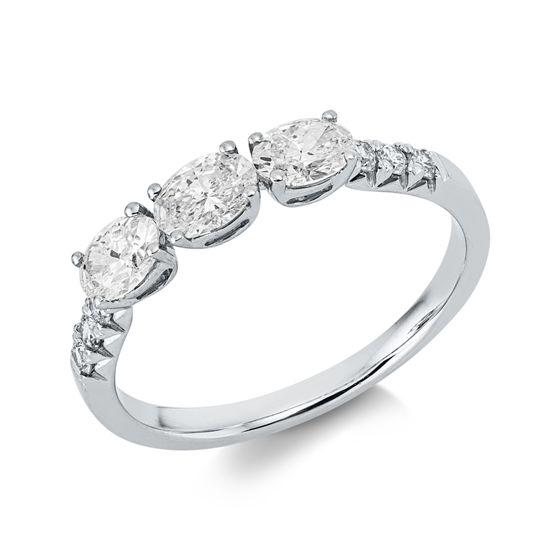 Ring 18 kt WG, 3 Oval 0,64 ct, W-vsi, 6 Brill. 0,13 ct, TW-si