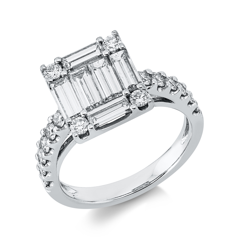 Ring 18 kt WG, 6 Bag. 1,28 ct, TW-vsi, 16 Brill. 0,56 ct, TW-vsi