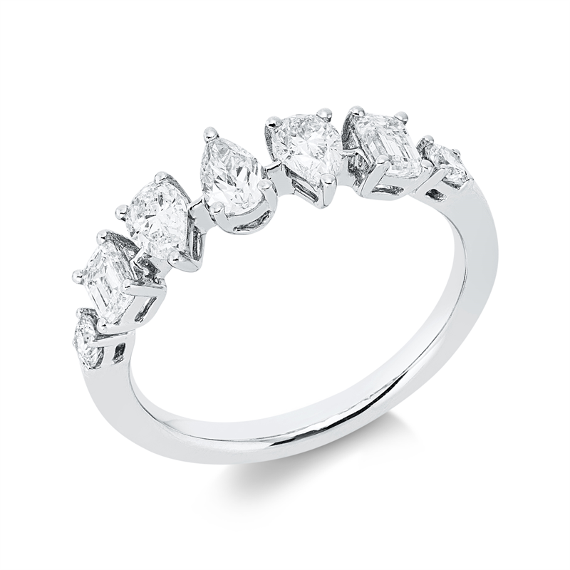 Ring 18 kt WG, 2 Sm.schliff 0,35 ct, TW-vsi, 3 Tropfen 0,55 ct, W-vsi, 2 Brill. 0,13 ct, TW-si