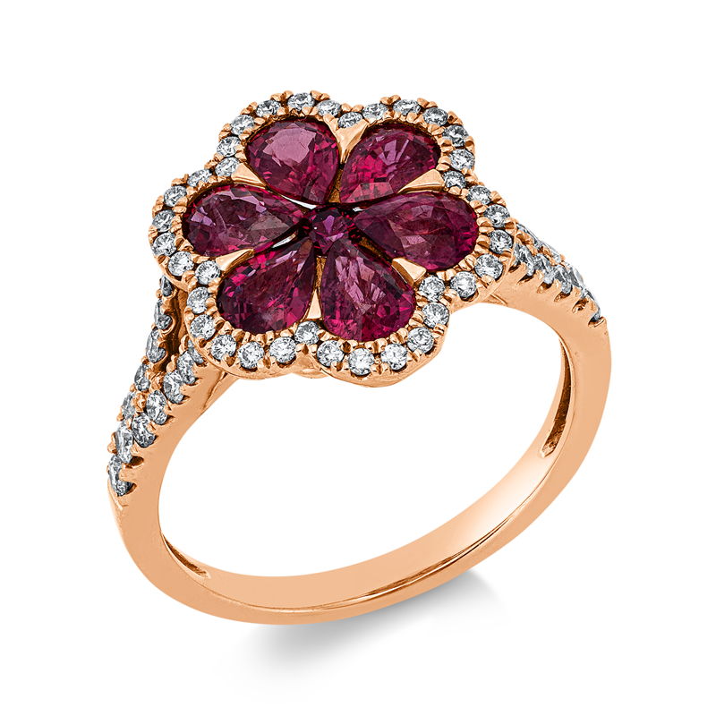 Ring 18 kt RG, 60 Brill. 0,38 ct, TW-si, 1 Rubin 0,06 ct rot, 6 Rubine 1,55 ct rot