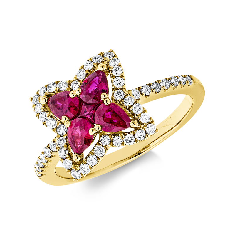 Ring 14 kt GG, 46 Brill. 0,32 ct, TW-si, 1 Rubin 0,06 ct rot, 4 Rubine 0,74 ct rot