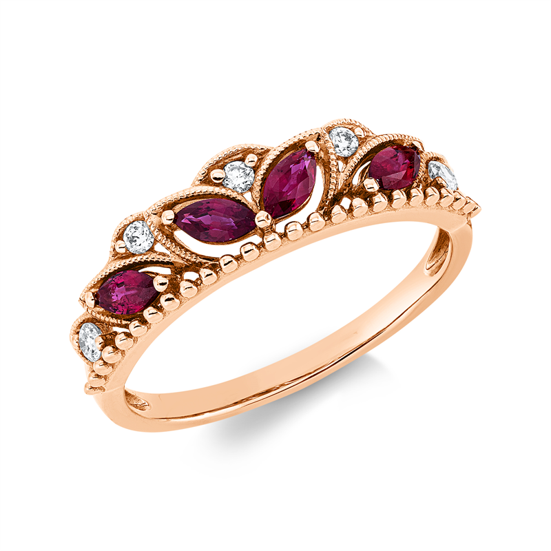 Ring 18 kt RG, 5 Brill. 0,09 ct, TW-si, 4 Rubine 0,35 ct rot