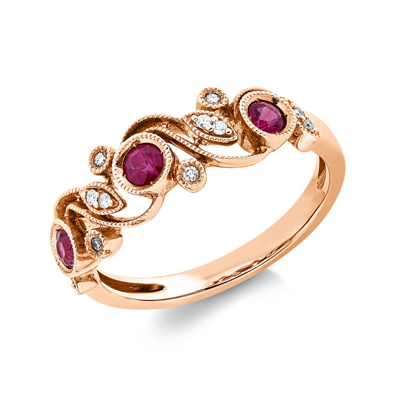 Ring 18 kt RG, 12 Brill. 0,05 ct, TW-si, 3 Rubine 0,32 ct rot