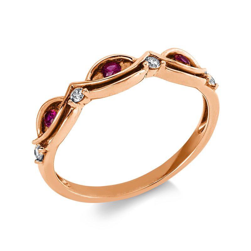 Ring 18 kt RG, 4 Brill. 0,07 ct, TW-si, 3 Rubine 0,12 ct rot