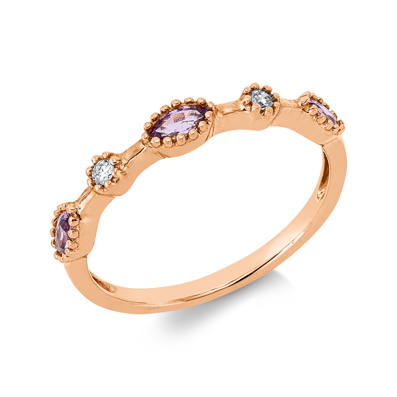 Ring 18 kt RG, 2 Brill. 0,04 ct, TW-si, 3 Saphire 0,28 ct pink