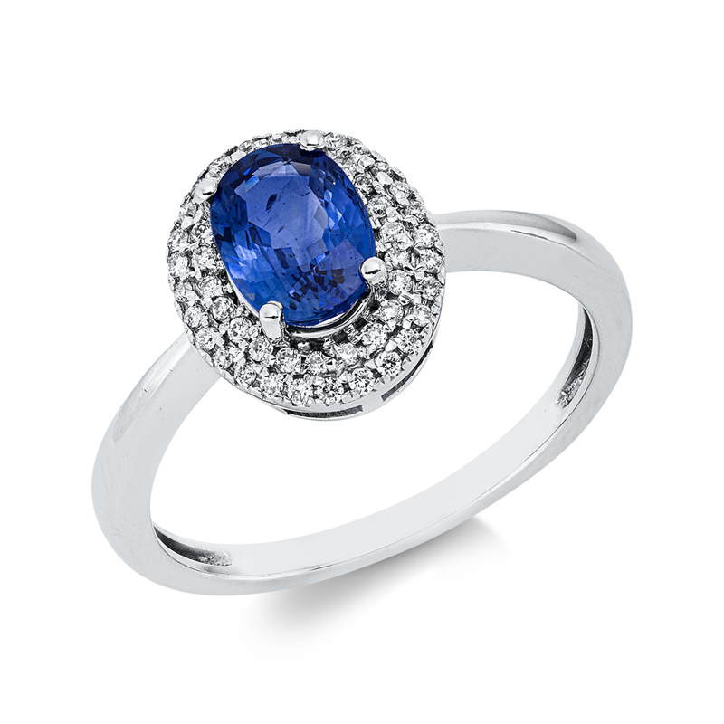 Ring 18 kt WG, 50 Brill. 0,15 ct, F-si, 1 Saphir 0,99 ct blau