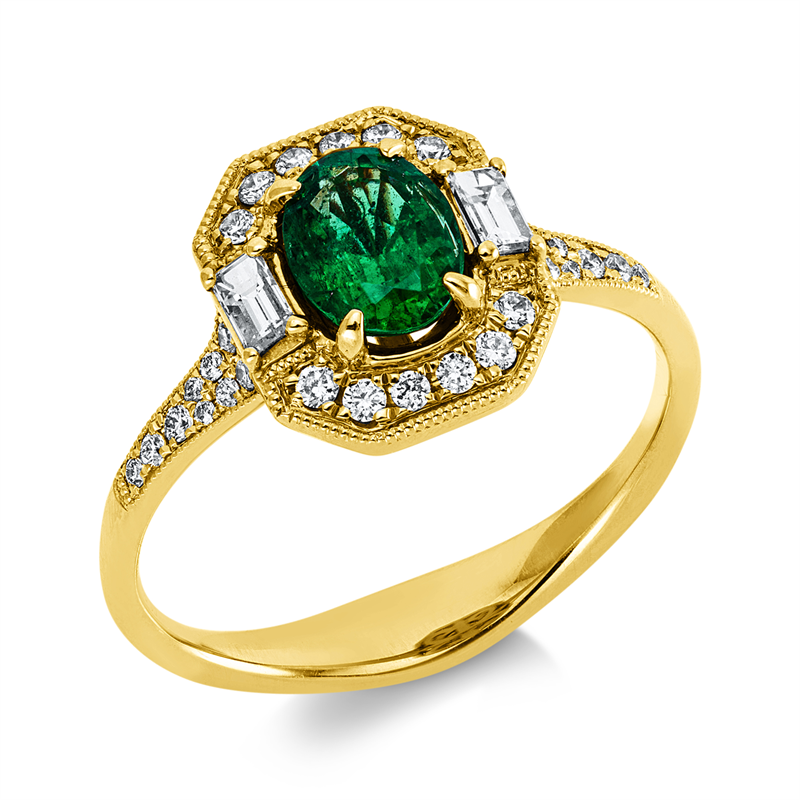 Ring 18 kt GG, 2 Bag. 0,16 ct, TW-si/pi, 30 Brill. 0,20 ct, TW-si/pi, 1 Smaragd 0,77 ct grün