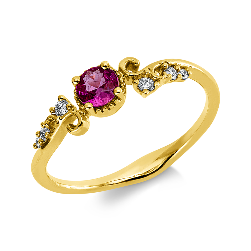 Ring 18 kt GG, 6 Brill. 0,08 ct, TW-si/pi, 1 Rubin 0,25 ct rot