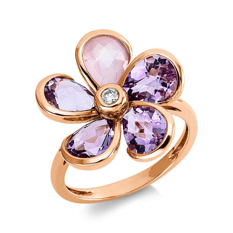 Ring 18 kt RG, spinnen, 1 Brill. 0,06 ct, TW-si, 4 Amethyste 3,30 ct lila, 1 Rosenquarz 0,80 ct rosa