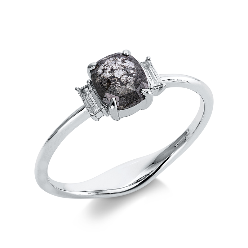 Ring 18 kt WG, 2 Bag. 0,07 ct, I-si/pi, 1 Dia.Split 0,78 ct, grau