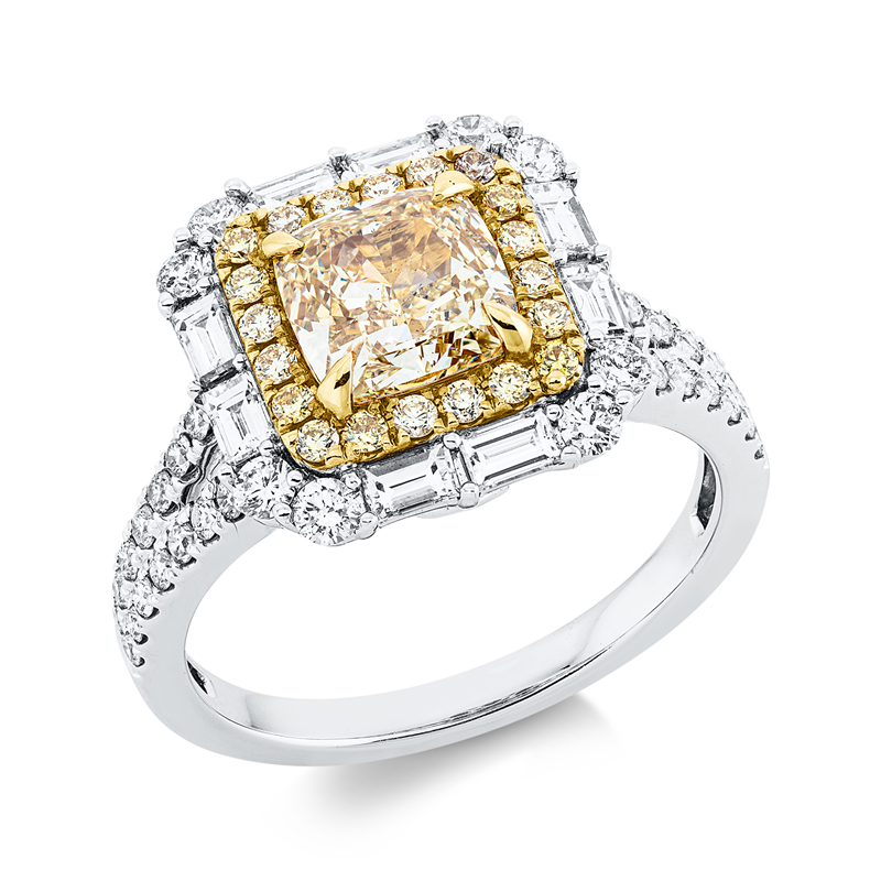 Ring 18 kt WG, 1 Cu 1,64ct, 20 Br 0,19ct, gelb, 24 Br. 0,22ct, 8 Bg. 0,41ct, TW-vsi/si, 16 Br 0,28ct, F-si