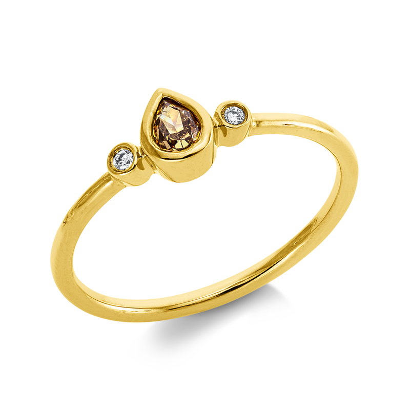 Ring 18 kt GG, 2 Brill. 0,03 ct, TW-si/pi, 1 Tropfen 0,25 ct, gelb
