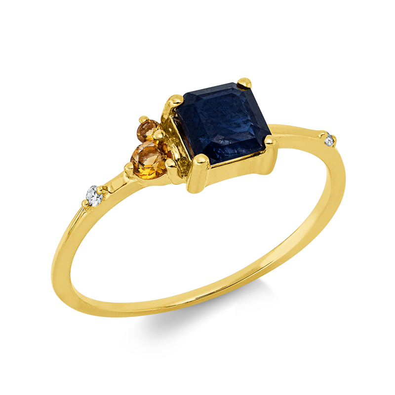 Ring 18 kt GG, 2 Dia. 0,02 ct, TW-si, 2 Citrin 0,07 ct gelb, 1 Saphir 0,71 ct blau