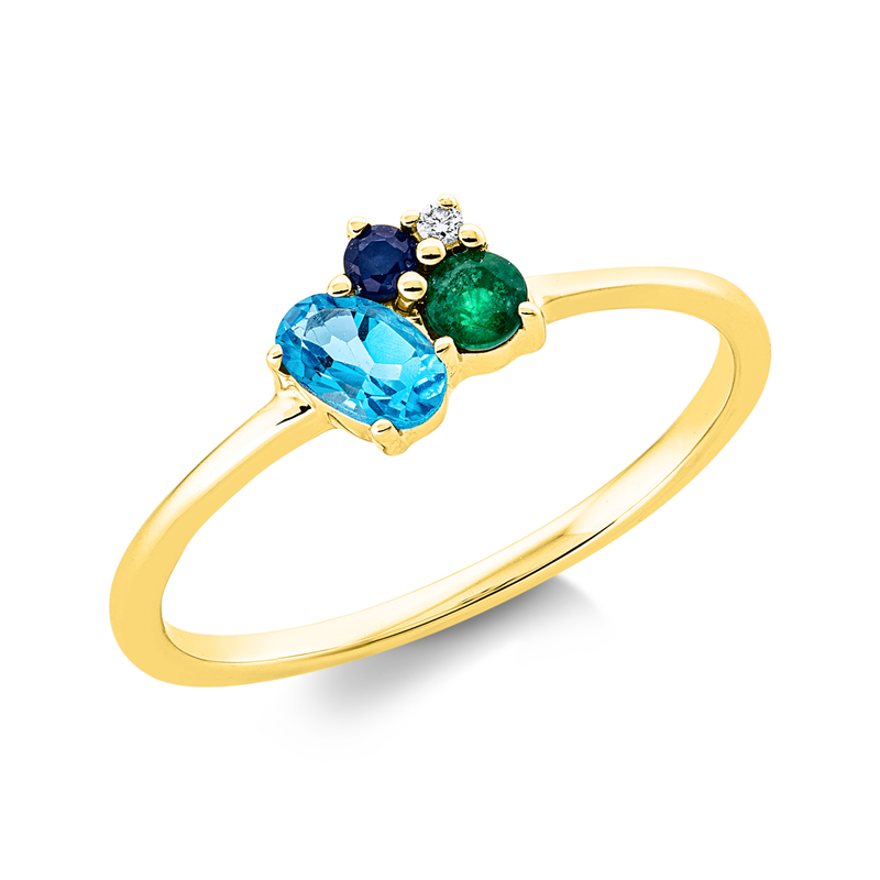 Ring 18KG, 1 Brill. 0,01 ct, TW-si, 1 Smaragd 0,09 ct grün, 1 Saphir 0,05 ct blau, 1 Topas 0,31 ct blau