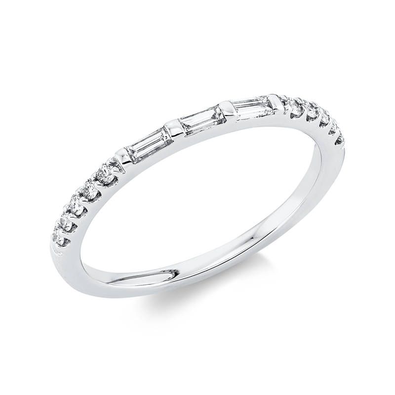 Ring 18 kt WG, 2 Bag. 0,07 ct, TW-si, 1 Bag. 0,04 ct, TW-si, 10 Brill. 0,11 ct, TW-si